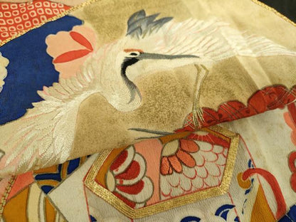 平和屋本店●アンティーク　大正ロマン　振袖　駒刺繍　扇面御所車飛鶴花文　暈し染め　黒地　金糸　正絹　逸品　DABH9225ps