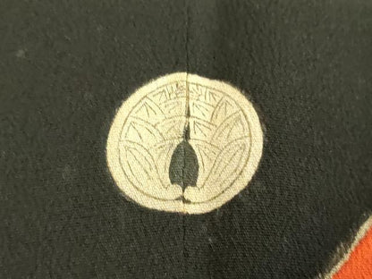 平和屋本店●アンティーク　大正ロマン　振袖　駒刺繍　扇面御所車飛鶴花文　暈し染め　黒地　金糸　正絹　逸品　DABH9225ps