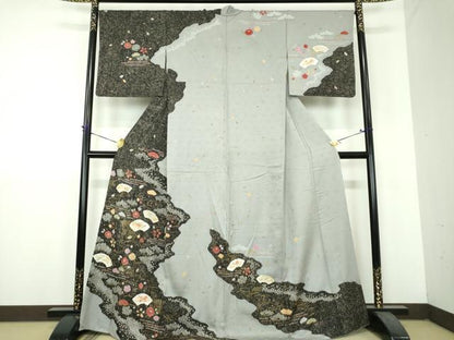 平和屋着物●訪問着　絞り　地紙花文　金彩　正絹　逸品　DABH9229ps