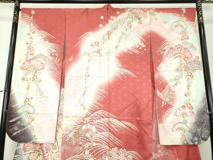 平和屋着物●豪華振袖　枝垂れ桜　流水花松文　暈し染め　金銀彩　正絹　逸品　DABH9230ps