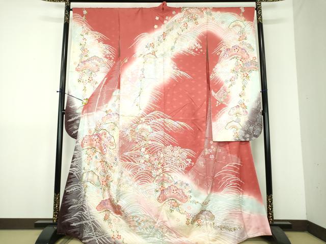 平和屋着物●豪華振袖　枝垂れ桜　流水花松文　暈し染め　金銀彩　正絹　逸品　DABH9230ps