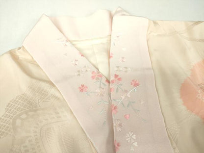 平和屋着物●振袖用長襦袢　袷　半衿刺繍　絞り　雲取り御所車花地紋　正絹　逸品　DABH9232ps
