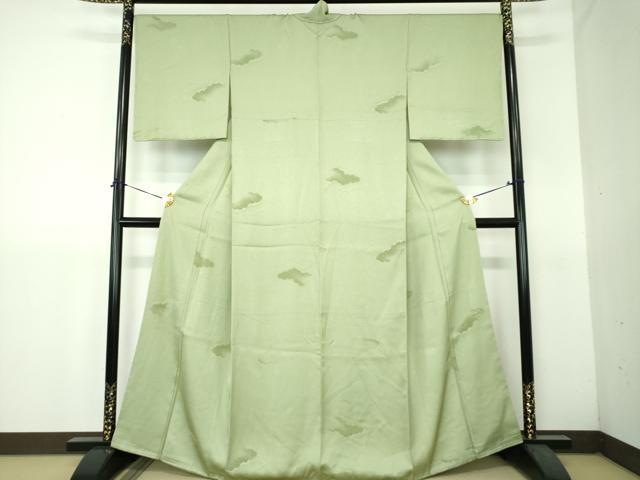 平和屋着物●上質な色無地　モール　雲重ね地紋　若葉色　正絹　逸品　未使用　DABH9261ps