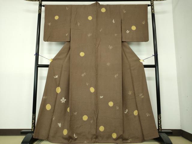 平和屋着物●訪問着　リバーシブル　絞り　舞蝶花文　色無地　葡萄鼠色　正絹　逸品　DABH9307ps