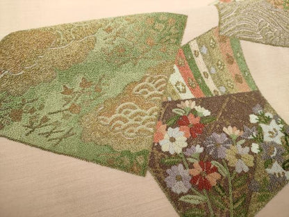 平和屋着物▼中国三大刺繍　総相良刺繍　総刺繍　つけ帯　色紙重ね花文　金糸　正絹　逸品　DABH9320ps
