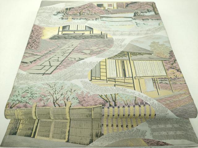 平和屋着物▼山喜織物謹製　萬葉　紹巴　全通柄袋帯　紹巴　風景文　正絹　逸品　DABH9327ps