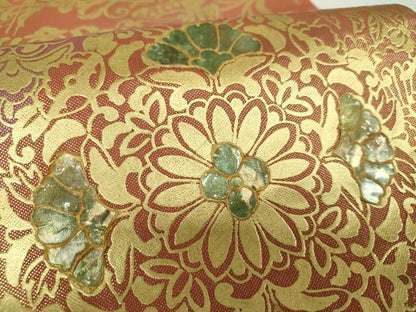 平和屋着物▼袋帯　螺鈿　正倉院花文　金彩　正絹　逸品　DABH9331ps