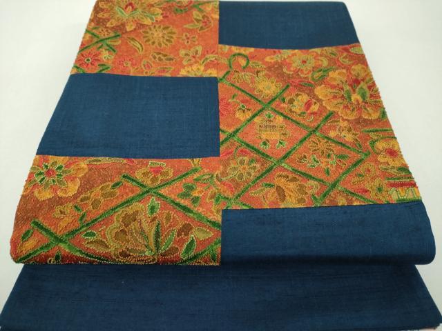 平和屋着物●中国三大刺繍　相良刺繍　総刺繍　太鼓柄袋帯　紬地　市松更紗花文　正絹　逸品　未使用　DABH9333ps