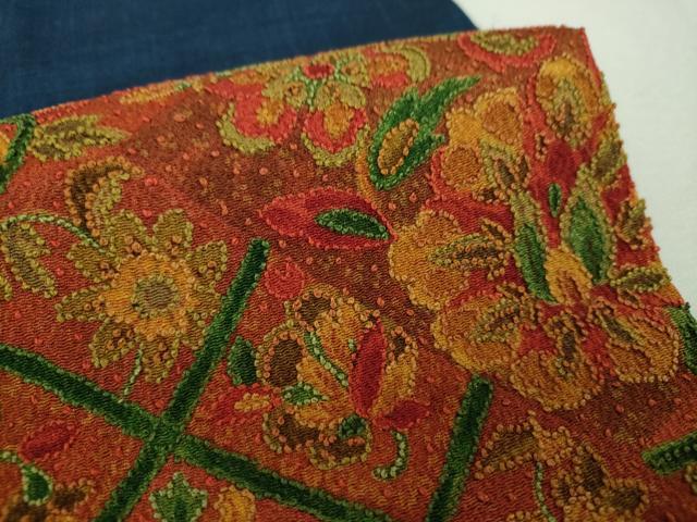 平和屋着物●中国三大刺繍　相良刺繍　総刺繍　太鼓柄袋帯　紬地　市松更紗花文　正絹　逸品　未使用　DABH9333ps