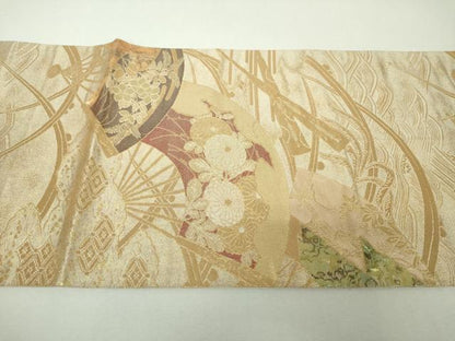 平和屋着物▼袋帯　螺鈿織　扇面花文　金銀糸　正絹　逸品　DABH9352ps