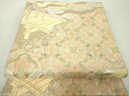 平和屋着物▼六通柄袋帯　夕錦　渡橋花文　金糸　正絹　逸品　DABH9354ps
