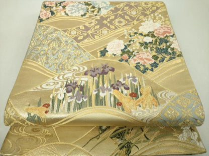 平和屋着物▼六通柄袋帯　唐織　光琳　牡丹に菖蒲図　金銀糸　正絹　逸品　DABH9357ps