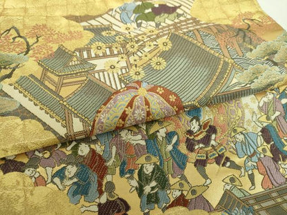 平和屋着物▼全景全通柄袋帯　母衣武者行列図　金糸　正絹　逸品　DABH9358ps