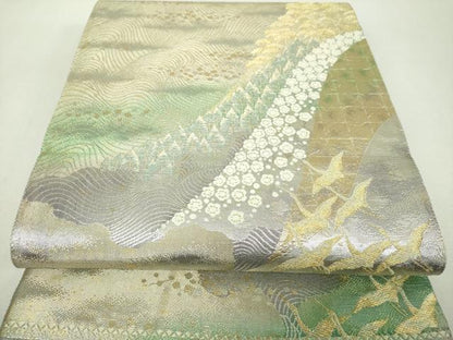 平和屋着物▼西陣　じゅらく謹製　佐賀錦　六通柄袋帯　飛鶴梅松文　金銀糸　引箔　正絹　逸品　DABH9366ps