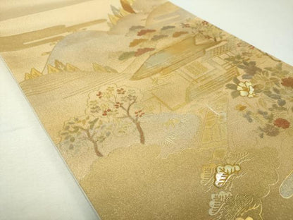 平和屋着物▼太鼓柄袋帯　螺鈿　風景花文　金銀彩　正絹　逸品　未使用　DABH9374ps
