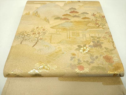 平和屋着物▼太鼓柄袋帯　螺鈿　風景花文　金銀彩　正絹　逸品　未使用　DABH9374ps