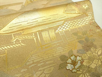 平和屋着物▼太鼓柄袋帯　螺鈿　風景花文　金銀彩　正絹　逸品　未使用　DABH9374ps