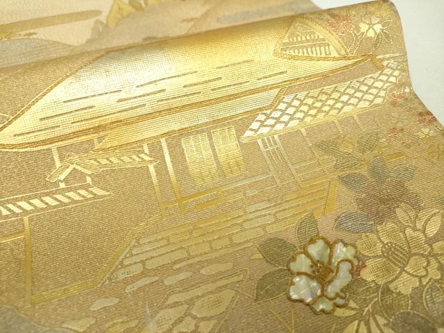 平和屋着物▼太鼓柄袋帯　螺鈿　風景花文　金銀彩　正絹　逸品　未使用　DABH9374ps