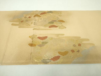 平和屋着物▼太鼓柄袋帯　螺鈿　風景花文　金銀彩　正絹　逸品　未使用　DABH9374ps