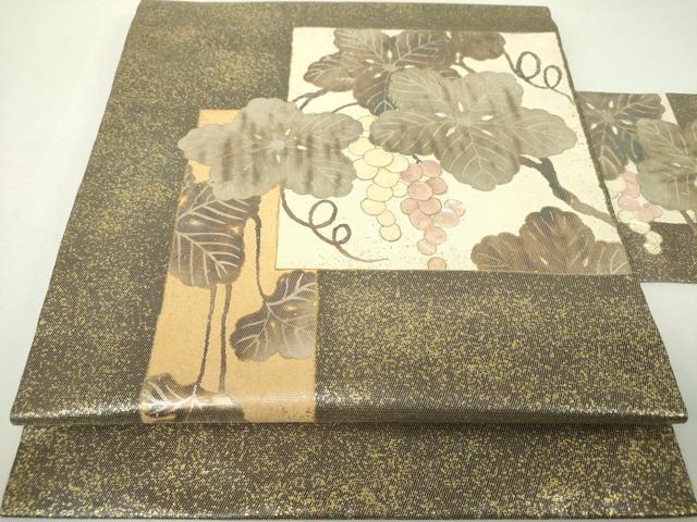 平和屋着物▼九寸名古屋帯　螺鈿箔　葡萄蔦の葉文　金彩　引箔　正絹　逸品　DABH9378ps