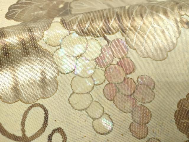 平和屋着物▼九寸名古屋帯　螺鈿箔　葡萄蔦の葉文　金彩　引箔　正絹　逸品　DABH9378ps