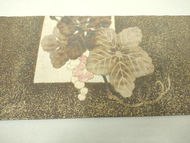平和屋着物▼九寸名古屋帯　螺鈿箔　葡萄蔦の葉文　金彩　引箔　正絹　逸品　DABH9378ps