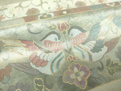 平和屋着物▼九寸名古屋帯　螺鈿箔　花鳥文　金銀彩　引箔　正絹　逸品　DABH9379ps