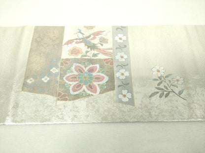 平和屋着物▼九寸名古屋帯　螺鈿箔　花鳥文　金銀彩　引箔　正絹　逸品　DABH9379ps