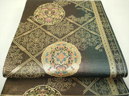 平和屋着物▼両面　六通柄袋帯　宝彩箔　正倉院花鳥文　金糸　正絹　逸品　DABH9388ps