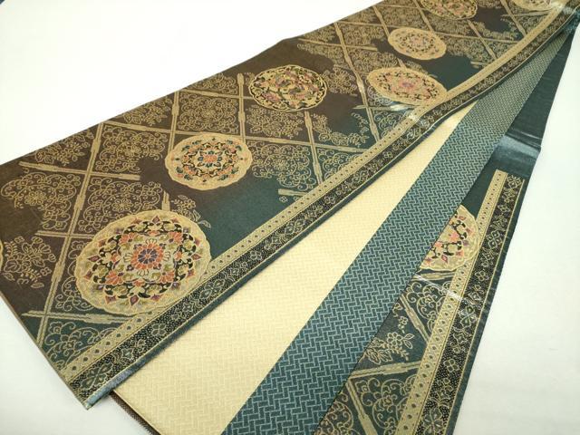 平和屋着物▼両面　六通柄袋帯　宝彩箔　正倉院花鳥文　金糸　正絹　逸品　DABH9388ps