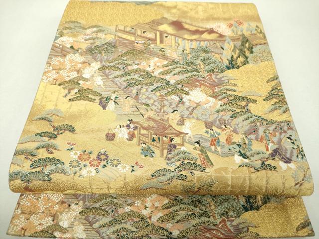 平和屋着物▼六通柄袋帯　雲取り人物風景　金糸　正絹　逸品　DABH9399ps