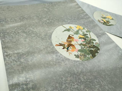 平和屋着物●九寸名古屋帯　総刺繍　花鳥丸文　銀彩　引箔　正絹　逸品　DABH9407ps