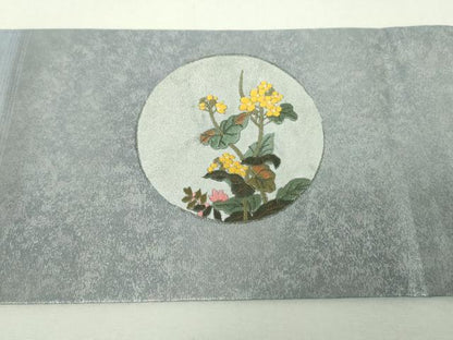 平和屋着物●九寸名古屋帯　総刺繍　花鳥丸文　銀彩　引箔　正絹　逸品　DABH9407ps