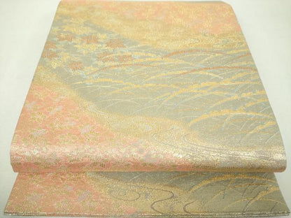平和屋着物▼六通柄袋帯　竜田川　雪芝花文　金糸　正絹　逸品　DABH9409ps