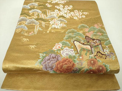 平和屋着物▼六通柄袋帯　御所車花鳥文　金糸　正絹　逸品　未使用　DABH9411ps