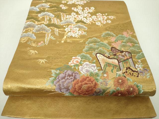 平和屋着物▼六通柄袋帯　御所車花鳥文　金糸　正絹　逸品　未使用　DABH9411ps