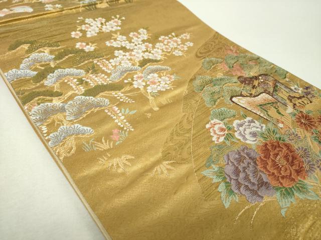 平和屋着物▼六通柄袋帯　御所車花鳥文　金糸　正絹　逸品　未使用　DABH9411ps