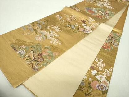 平和屋着物▼六通柄袋帯　御所車花鳥文　金糸　正絹　逸品　未使用　DABH9411ps