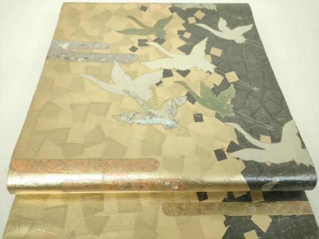 平和屋着物▼西陣　太鼓柄袋帯　螺鈿箔　群れ鶴　金銀彩　証紙付き　正絹　逸品　未使用　DABH9421ps