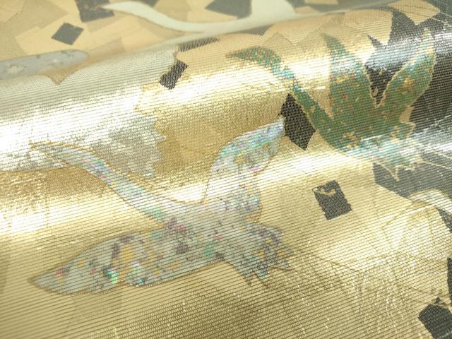 平和屋着物▼西陣　太鼓柄袋帯　螺鈿箔　群れ鶴　金銀彩　証紙付き　正絹　逸品　未使用　DABH9421ps