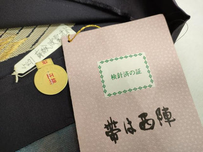 平和屋着物▼西陣　岩井織物謹製　全通柄　本袋帯　蒔絵波雲流水　金糸　引箔　証紙付き　正絹　逸品　未使用　DABH9427ps
