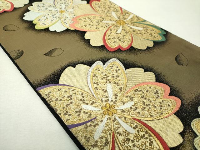 平和屋着物▼六通柄袋帯　舞桜　黒地　金銀糸　正絹　逸品　DABH9428ps