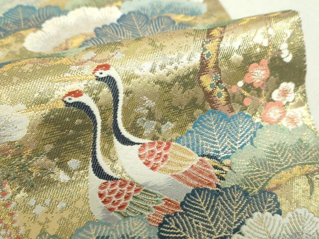 平和屋着物▼六通柄袋帯　松鶴の憩　金銀糸　引箔　正絹　逸品　未使用　DABH9439ps