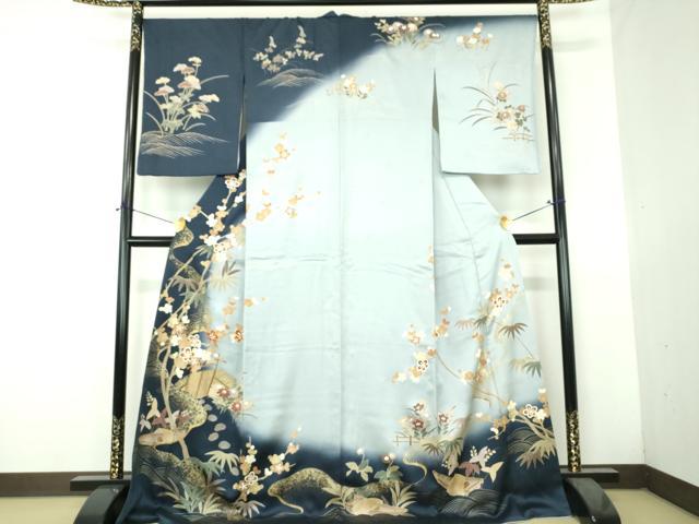 平和屋着物●訪問着　駒刺繍　柴垣笹梅舟文　沢瀉　暈し染め　金彩　ロング丈　正絹　逸品　DABH9458ps