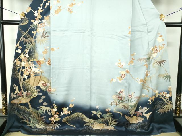 平和屋着物●訪問着　駒刺繍　柴垣笹梅舟文　沢瀉　暈し染め　金彩　ロング丈　正絹　逸品　DABH9458ps