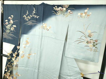 平和屋着物●訪問着　駒刺繍　柴垣笹梅舟文　沢瀉　暈し染め　金彩　ロング丈　正絹　逸品　DABH9458ps
