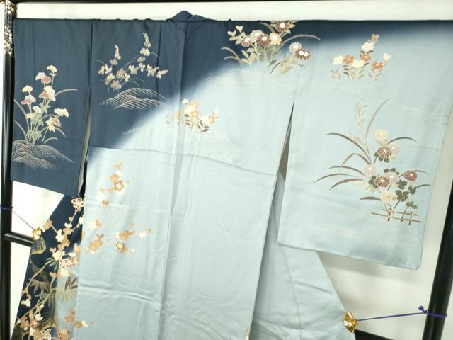 平和屋着物●訪問着　駒刺繍　柴垣笹梅舟文　沢瀉　暈し染め　金彩　ロング丈　正絹　逸品　DABH9458ps