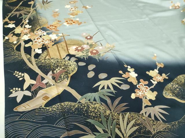 平和屋着物●訪問着　駒刺繍　柴垣笹梅舟文　沢瀉　暈し染め　金彩　ロング丈　正絹　逸品　DABH9458ps