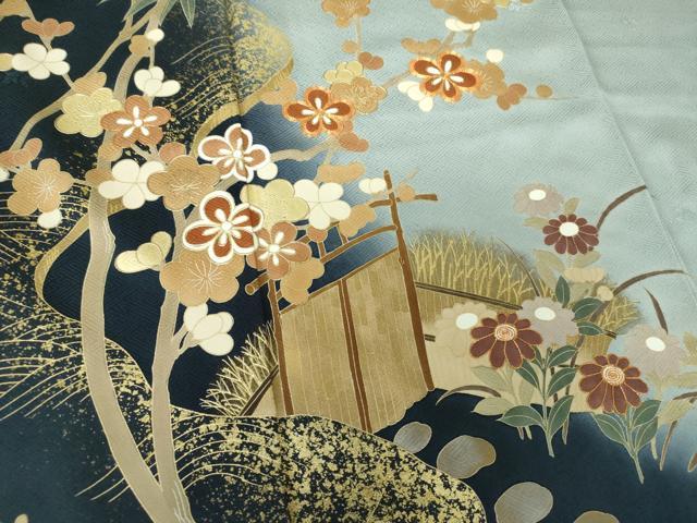 平和屋着物●訪問着　駒刺繍　柴垣笹梅舟文　沢瀉　暈し染め　金彩　ロング丈　正絹　逸品　DABH9458ps
