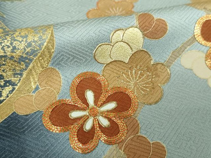 平和屋着物●訪問着　駒刺繍　柴垣笹梅舟文　沢瀉　暈し染め　金彩　ロング丈　正絹　逸品　DABH9458ps